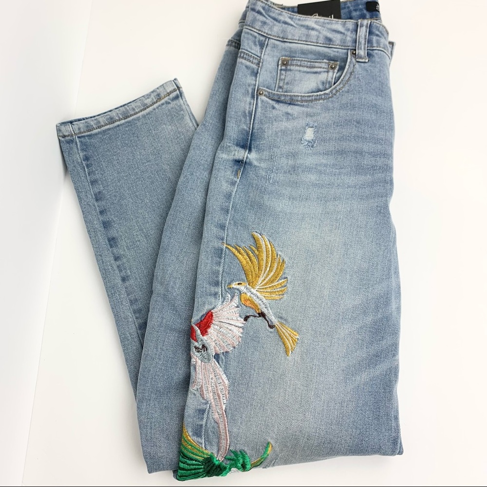 April Jeans Embroidered Birds Denim Jeans High Rise Cotton Distressed